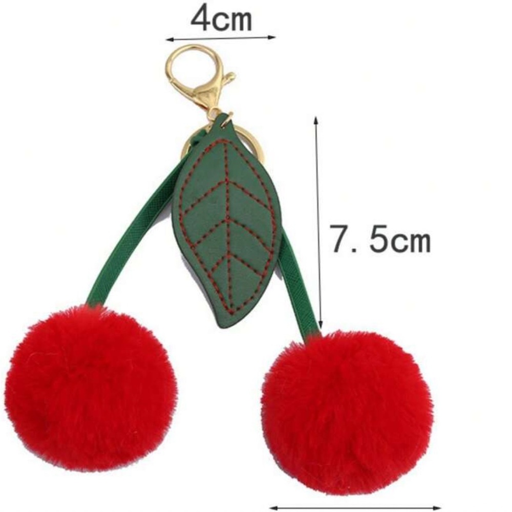Blush Cherry Pom Pom Keychain with Green Leaf Accent - Picture 3 of 3